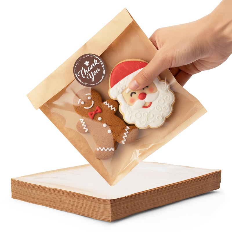 Bake Choice 100PCS Cookie Bags with Seal, 5.7x6.5 Inch Individual Cookie Packaging Bags for Gift Giving, Heat Sealable & Grease Proof Bakery Bag with Window, Baked Goods Packaging - Image 1