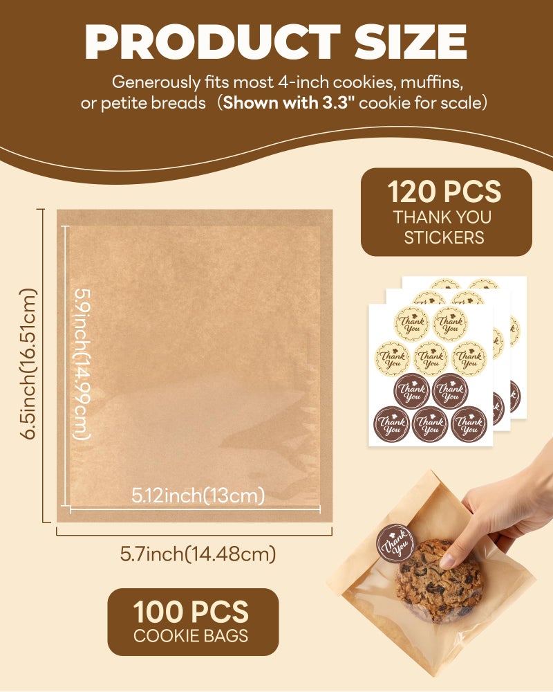Bake Choice 100PCS Cookie Bags with Seal, 5.7x6.5 Inch Individual Cookie Packaging Bags for Gift Giving, Heat Sealable & Grease Proof Bakery Bag with Window, Baked Goods Packaging - Image 2