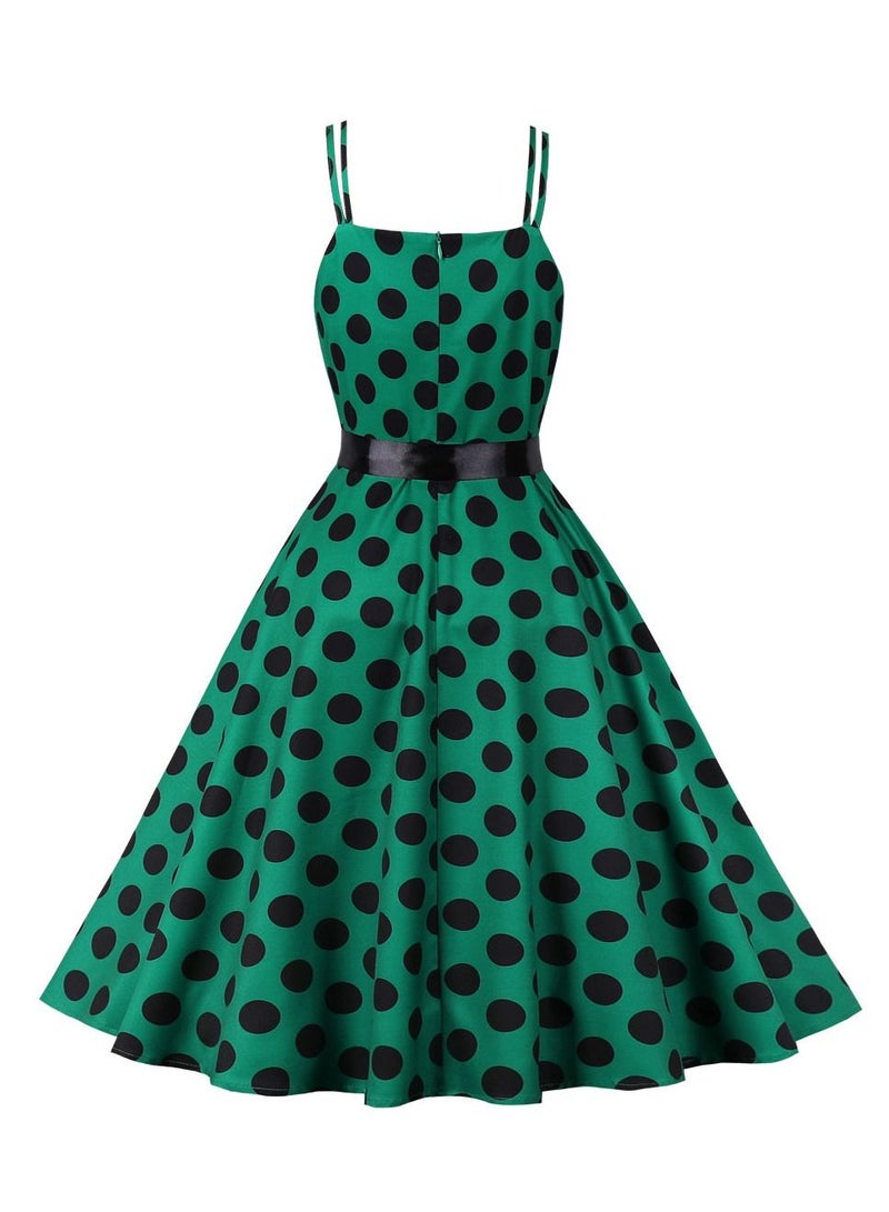 Loquat Vintage Large Hem Lace Up Polka Dot Printed Strap Green  - Image 2