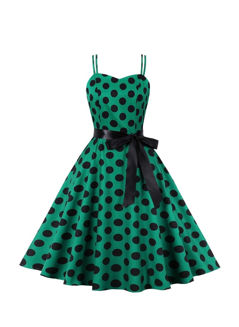 Loquat Vintage Large Hem Lace Up Polka Dot Printed Strap Green  - Image 1