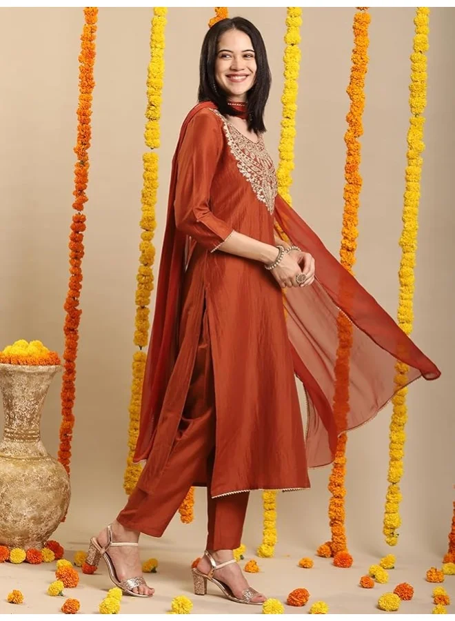 GoSriKi  GoSriKi Women's Rayon Blend Straight Embroidered Kurta with Pant & Dupatta (GALPATIYO MUSTARD-GS_L_Mustard_Large) for Women | Best Price UAE
