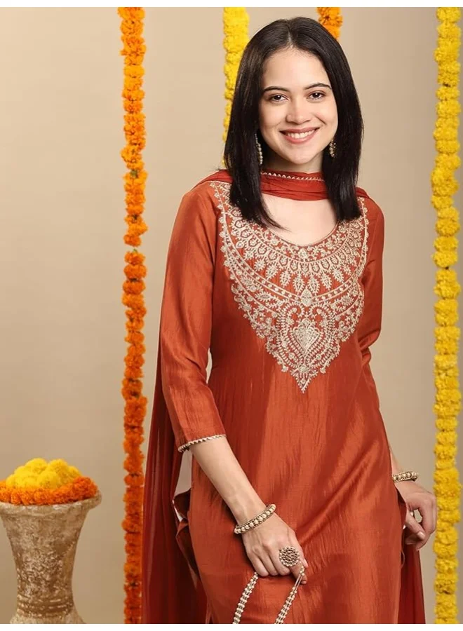 GoSriKi  GoSriKi Women's Rayon Blend Straight Embroidered Kurta with Pant & Dupatta (GALPATIYO MUSTARD-GS_L_Mustard_Large) for Women | Best Price UAE