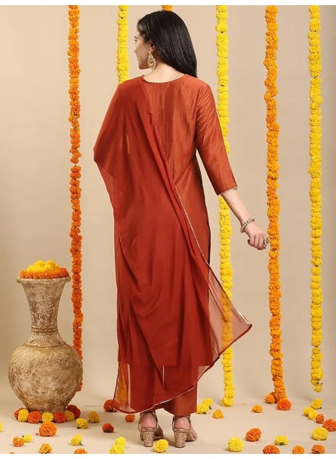 GoSriKi  GoSriKi Women's Rayon Blend Straight Embroidered Kurta with Pant & Dupatta (GALPATIYO MUSTARD-GS_L_Mustard_Large) for Women | Best Price UAE