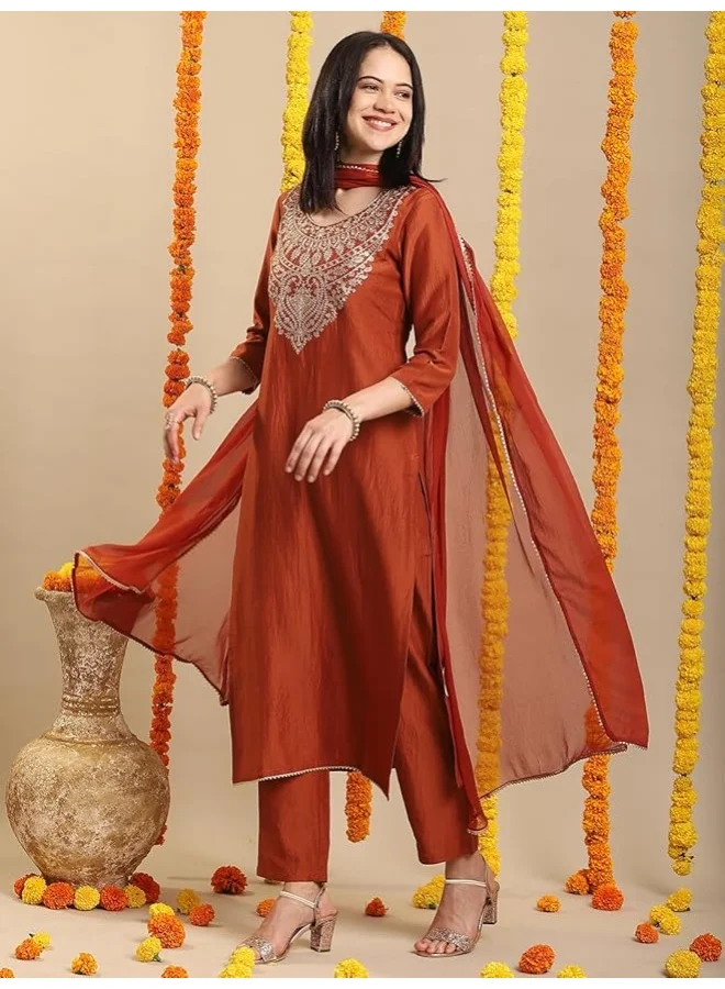 GoSriKi  GoSriKi Women's Rayon Blend Straight Embroidered Kurta with Pant & Dupatta (GALPATIYO MUSTARD-GS_L_Mustard_Large) for Women | Best Price UAE
