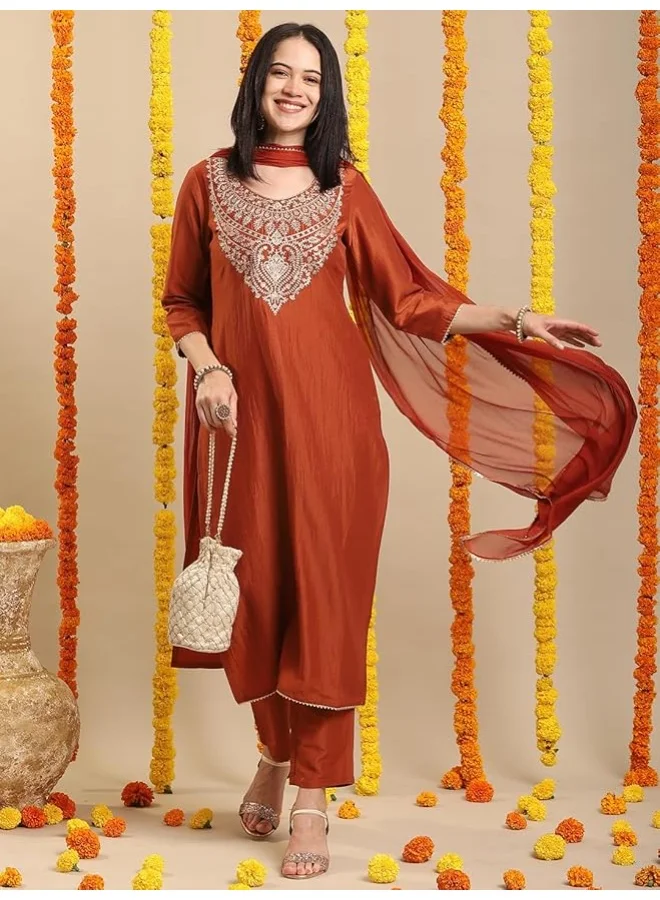 GoSriKi Women's Rayon Blend Straight Embroidered Kurta with Pant & Dupatta (GALPATIYO MUSTARD-GS_L_Mustard_Large)