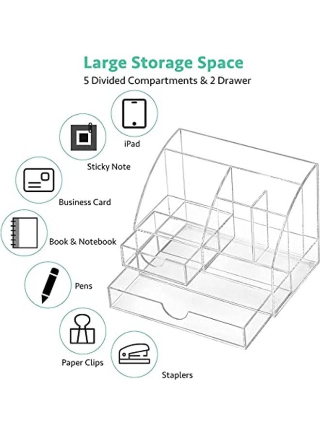 SMARTPOINTS Acrylic Desk Organizer All in One Office Supplies Accessories 5 Compartments with 2 Drawers for Home/Office/Makeup Desktop Organization u0026 Decor Clear - Image 3