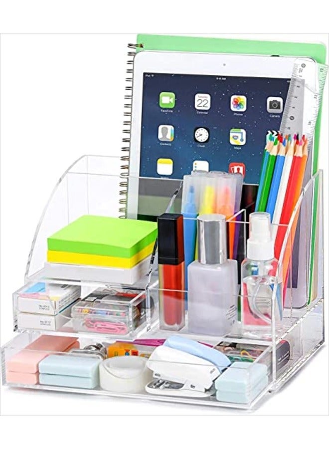 SMARTPOINTS Acrylic Desk Organizer All in One Office Supplies Accessories 5 Compartments with 2 Drawers for Home/Office/Makeup Desktop Organization u0026 Decor Clear - Image 1