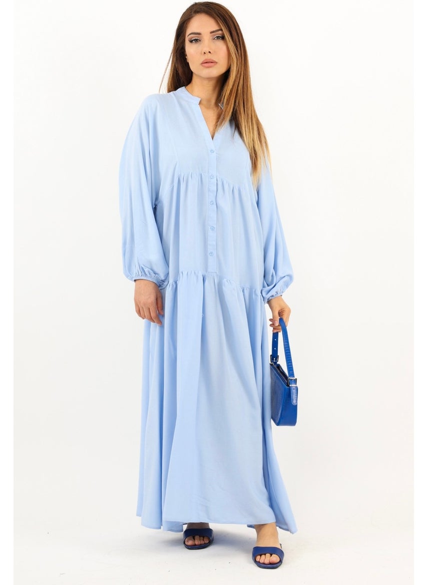 Ritnice - Prive Women's Base 100% Viscose Blue Maxi Length Layered Balloon Sleeve Long Summer Dress - Image 1