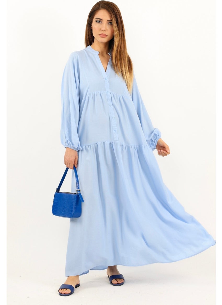 Ritnice - Prive Women's Base 100% Viscose Blue Maxi Length Layered Balloon Sleeve Long Summer Dress - Image 1
