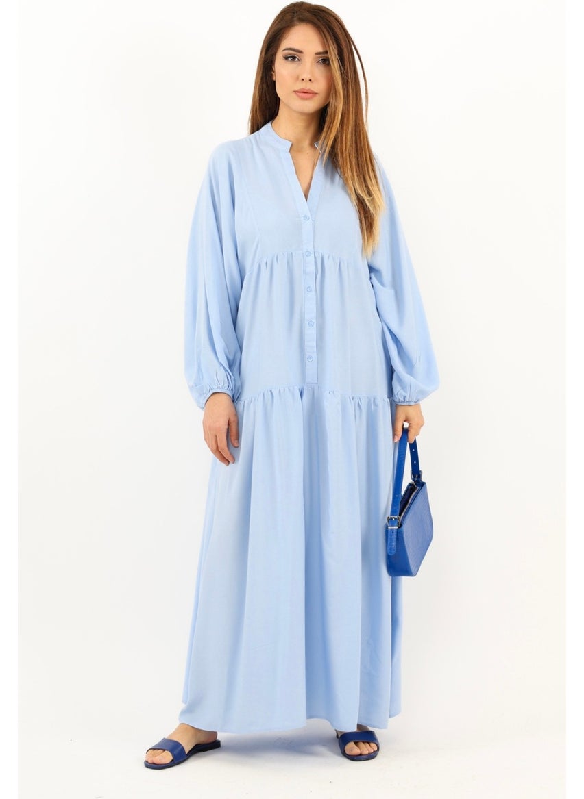 Ritnice - Prive Women's Base 100% Viscose Blue Maxi Length Layered Balloon Sleeve Long Summer Dress - Image 1