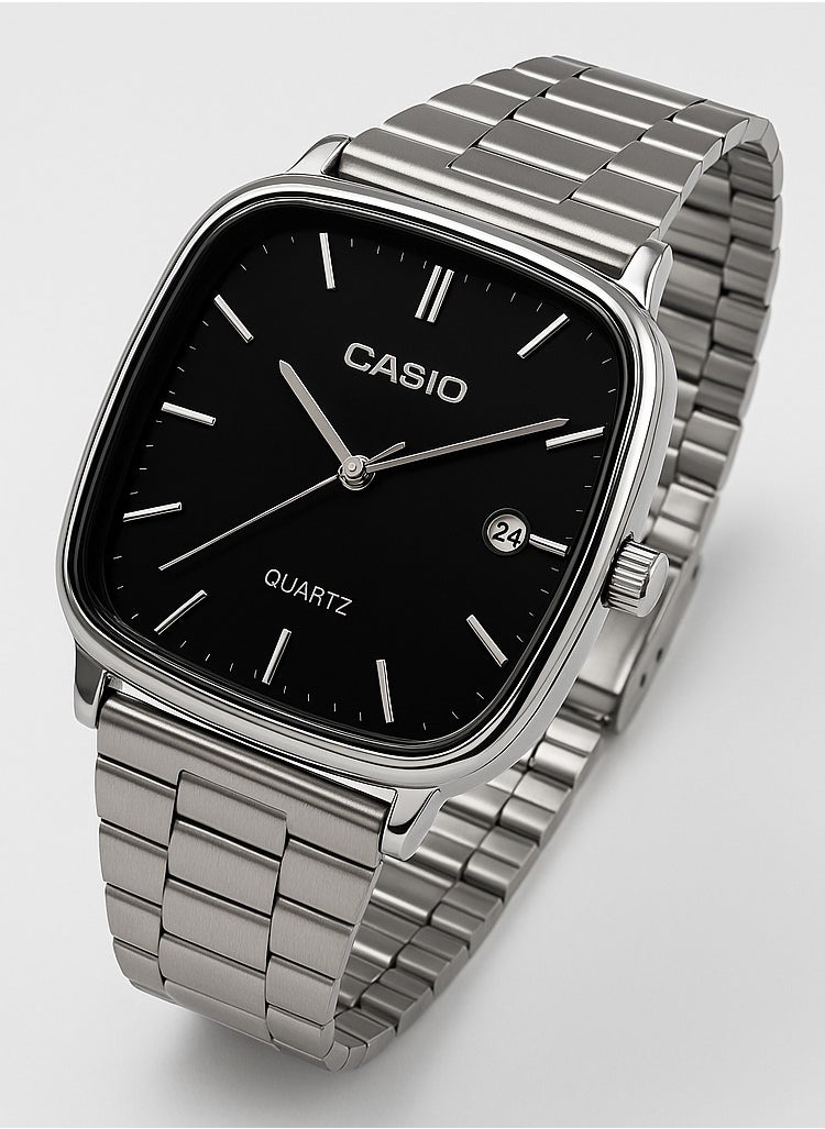 CASIO - Original Casio Unisex Watch – Elegant Black Dial with Silver Stainless Steel Band | Date Display | Japanese Quartz Movement - Image 1