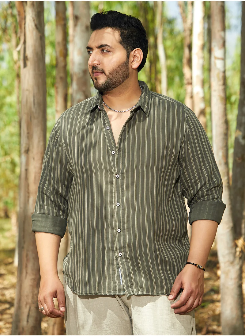 Instafab Plus Instafab Plus Men's Moss Green Halo Striped Shirt For Casual Wear | Spread Collar | Long Cuffed Sleeves | Button Closure | Plus Size Shirt Crafted With Comfort Fit For Everyday Wear