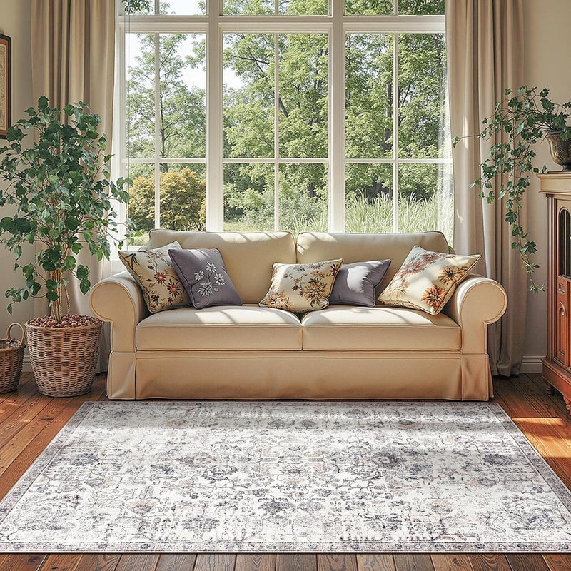 jinchan Area Rug 183x122CM Vintage Rug Indoor Washable Rug Gray Retro Accent Rug Distressed Carpet Grey Multi Floral Print Country Boho Rug Non Slip Kitchen Bedroom Living Room Dining Room Office - Image 1