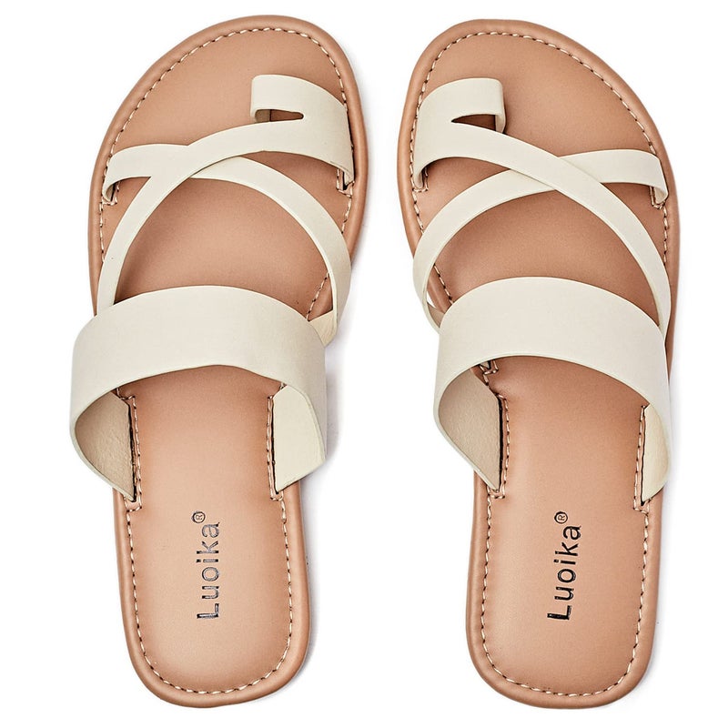 Luoika Women's Wide Width Flat Sandals, Flip Flop Slides Sandal Casual Strapy Sandal Slip on Summer Beach Shoes for Women.705,Beige,8.5XW - Image 1