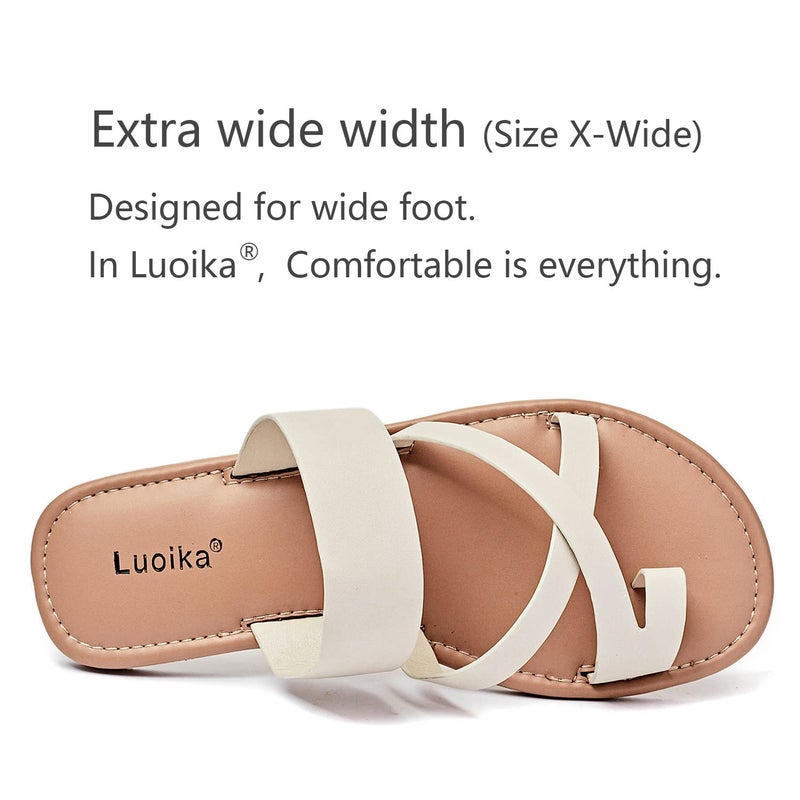 Luoika Women's Wide Width Flat Sandals, Flip Flop Slides Sandal Casual Strapy Sandal Slip on Summer Beach Shoes for Women.705,Beige,8.5XW - Image 4
