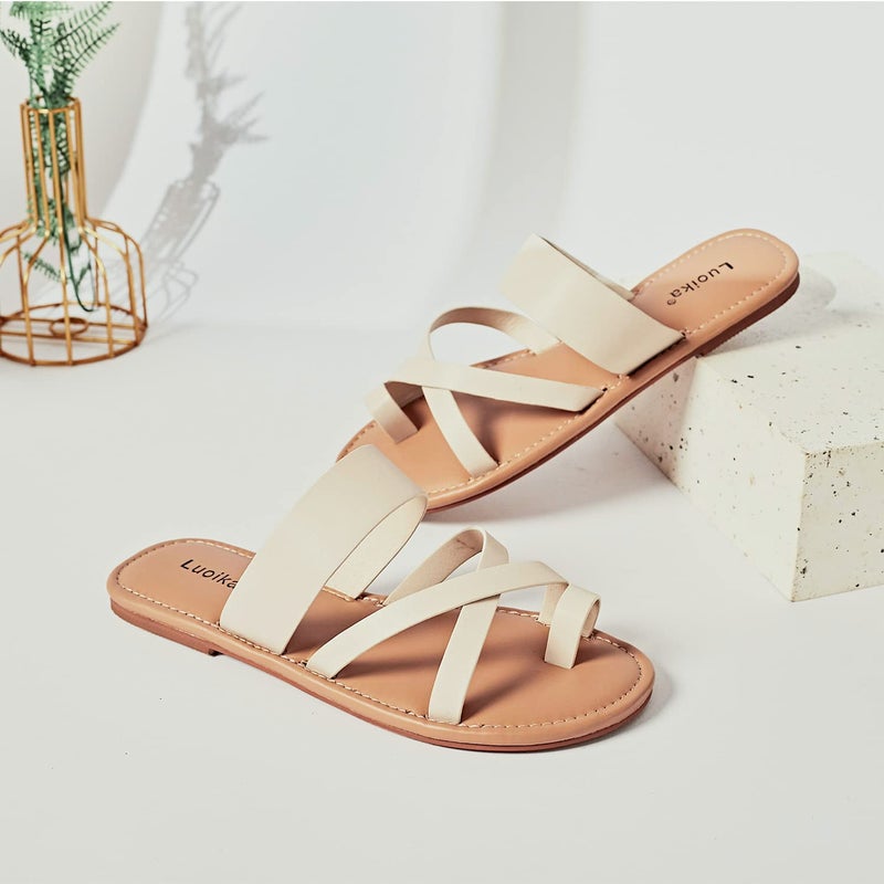 Luoika Women's Wide Width Flat Sandals, Flip Flop Slides Sandal Casual Strapy Sandal Slip on Summer Beach Shoes for Women.705,Beige,8.5XW - Image 3
