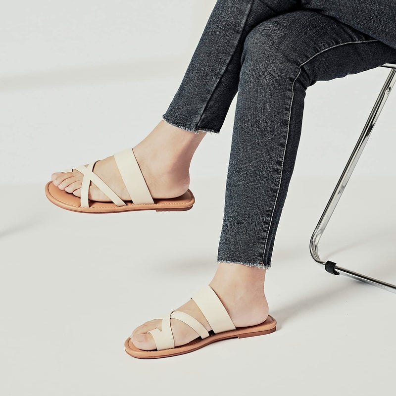 Luoika Women's Wide Width Flat Sandals, Flip Flop Slides Sandal Casual Strapy Sandal Slip on Summer Beach Shoes for Women.705,Beige,8.5XW - Image 2