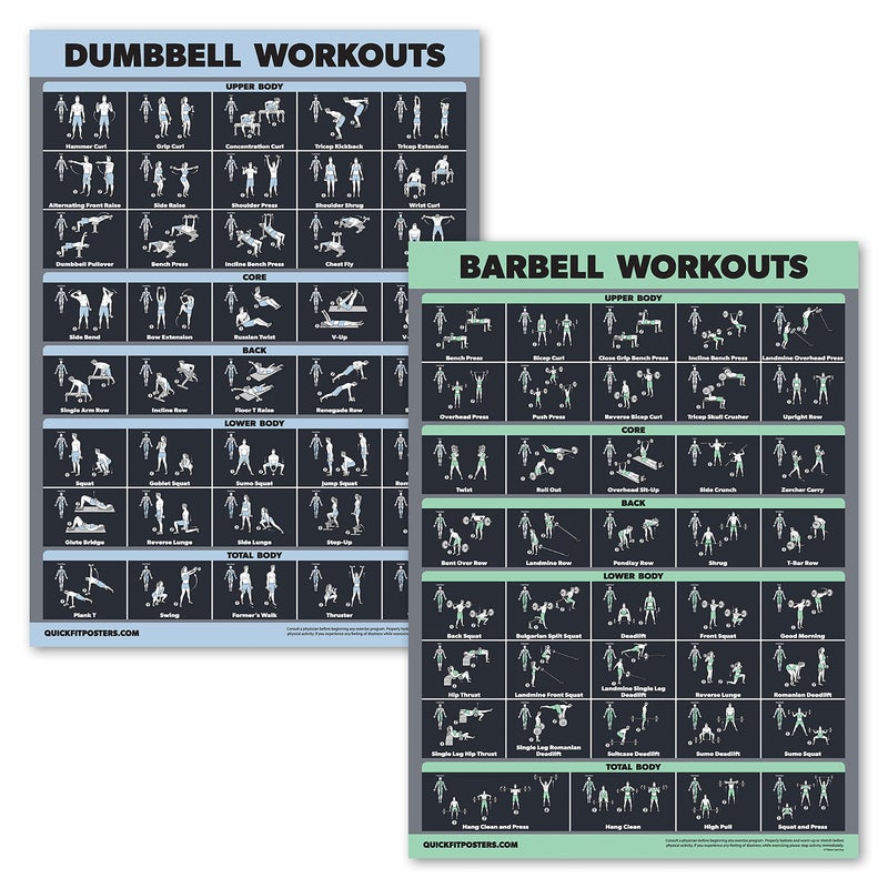 Palace Learning 2 Pack Dumbbell Workouts and Barbell Exercise Poster Set - Laminated 2 Chart Set - Dumbbell Exercise Routine & Barbell Workouts [DARK] (LAMINATED, 18â€ x 24â€) - Image 1