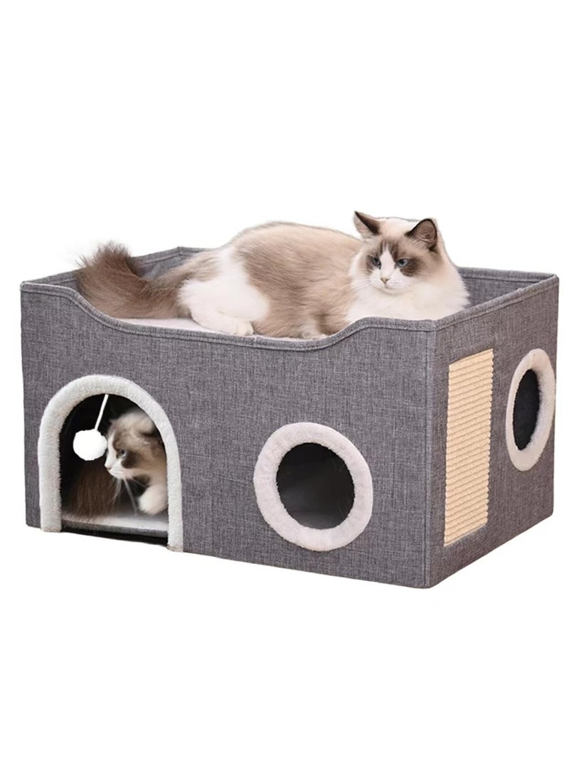 Cat Beds,Cat House for Indoor Cats, Foldable Cat House,Large Soft Cave Bed with Scratching Board for Small Medium Pets,Grey - Image 1
