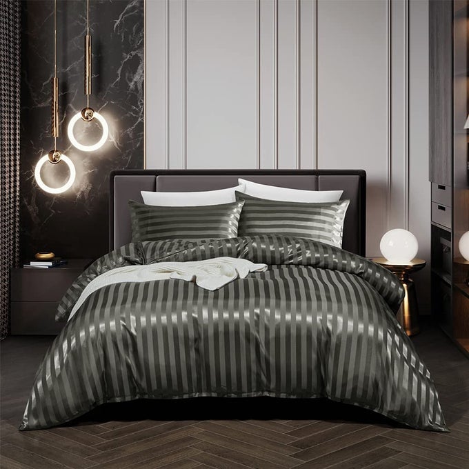 3 PIECE SATIN DUVET COVER SET BEDDING SETS ITALIAN STYLE 1800 SERIES LUXURY RICH SILK SILKY SUPER SOFT STRIPES HIDDEN ZIPPER CLOSURE REVERSIBLE WRINKLE FREE HONEYMOONGREY QUEEN