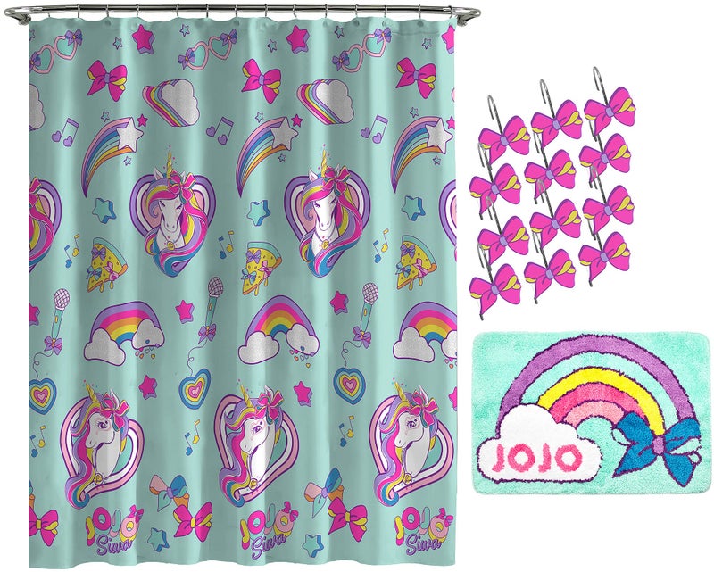 Jay Franco Jay Franco Nickelodeon JoJo Siwa Retro Rainbow 14 Piece Bathroom Set - Includes Shower Curtain  12 Hooks  & Non-Slip Bath Rug - Easy Care Fabric Features Unicorn (Official Nickelodeon Product) - Image 1