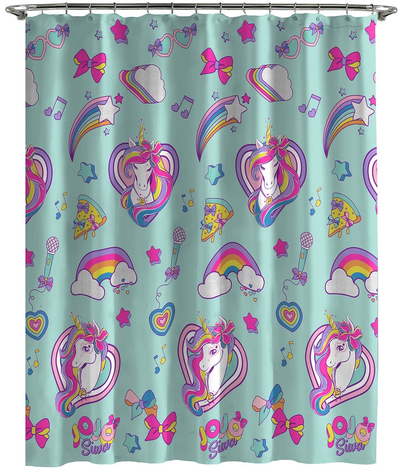 Jay Franco Jay Franco Nickelodeon JoJo Siwa Retro Rainbow 14 Piece Bathroom Set - Includes Shower Curtain  12 Hooks  & Non-Slip Bath Rug - Easy Care Fabric Features Unicorn (Official Nickelodeon Product) - Image 2