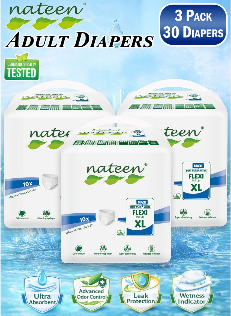 nateen 30 Count Pack of 3 Nateen Flexi Maxi Adult Diapers Pants Night Time Pull Up Extra Large Size Waist 130-170cm Disposable Incontinence Underwear for Men & Women, Ultra Absorbent 3850ml Overnight Adult Pull Ups with Odor Control Wetness Indicator Leak Guard Protection, Breathable Soft Rustle Free Adult Diaper Pants for Elderly Care - Image 1
