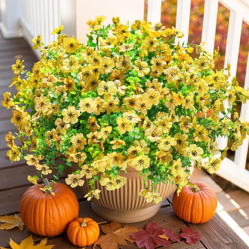 HyeFlora Artificial Fall Flowers Faux Mums for Outdoor Indoor Garden Home Decoration Faux Flower Daisy with Eucalyptus Leaves Fake Plants Greenery Boxwood Porch Patio 12 Bundles Yellow