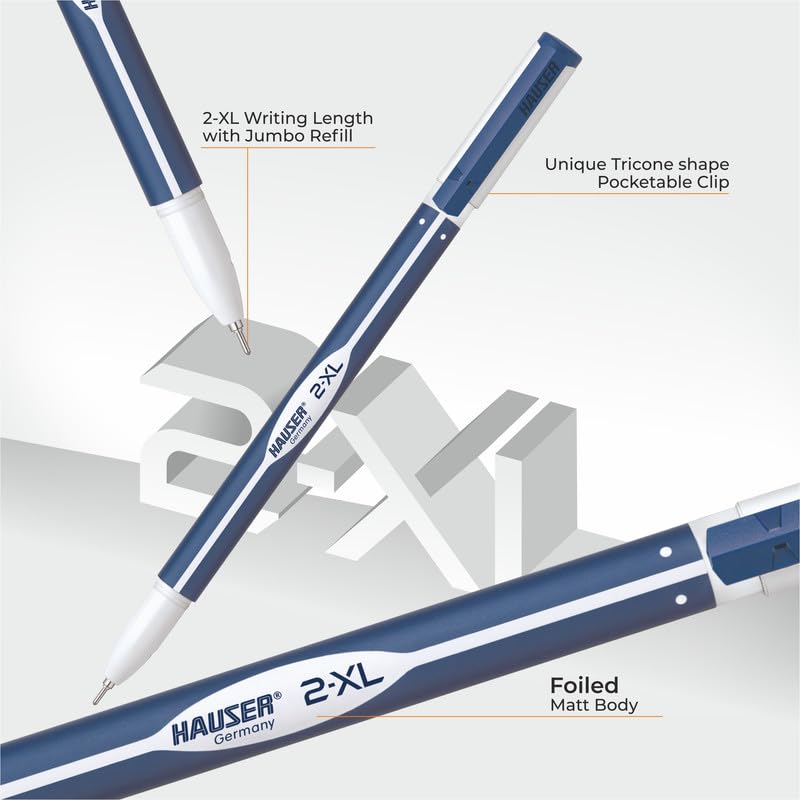 Hauser 2 XL Fine Tip Ball Pen | 2-XL Writing Length with Jumbo Refill | Minimalistic & Aesthetic Body Design | Blue Ink, Pack Of 10 - Image 3