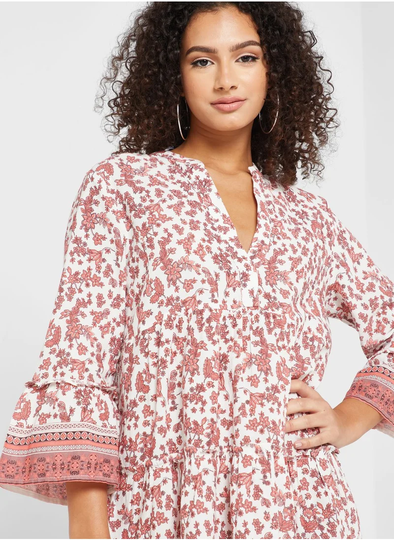 VERO MODA Notched Neck Printed Tiered Dress