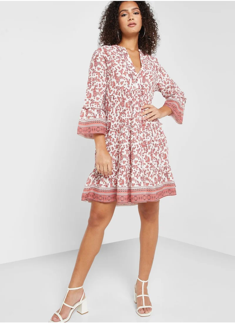 VERO MODA Notched Neck Printed Tiered Dress