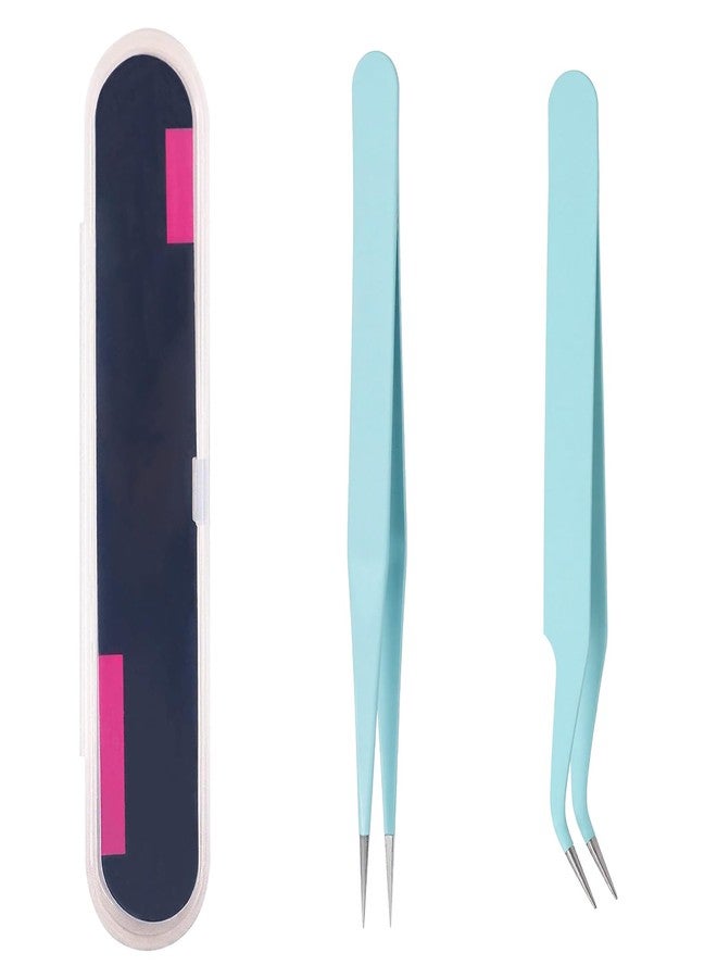 FdcLixuvol 2 Pieces Sticker Tweezers, Precision Craft Tweezers Stainless Steel Straight and Curved Needle Nose Tweezer Set for Crafting, Jewelry Making, Scrapbooking, Electronics Repair (Sky Blue) - Image 1