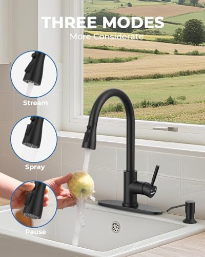 WEWE Kitchen Faucet with Soap Dispenser and Pull Down Sprayer, RV Single Handle Classic 3 Modes Stainless Steel Faucet for Kitchen Sink, RV, Matte Black - Image 4