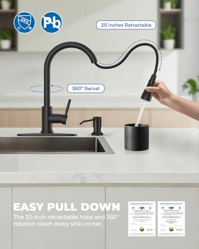 WEWE Kitchen Faucet with Soap Dispenser and Pull Down Sprayer, RV Single Handle Classic 3 Modes Stainless Steel Faucet for Kitchen Sink, RV, Matte Black - Image 3