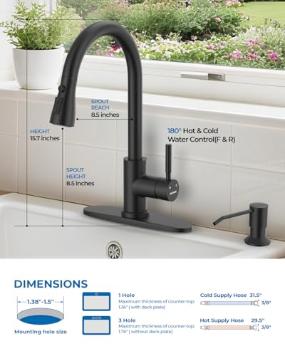 WEWE Kitchen Faucet with Soap Dispenser and Pull Down Sprayer, RV Single Handle Classic 3 Modes Stainless Steel Faucet for Kitchen Sink, RV, Matte Black - Image 2