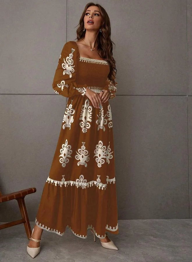 Take Two brown Women Bronze Printed Square Neck Maxi Dress for Women | Best Price UAE