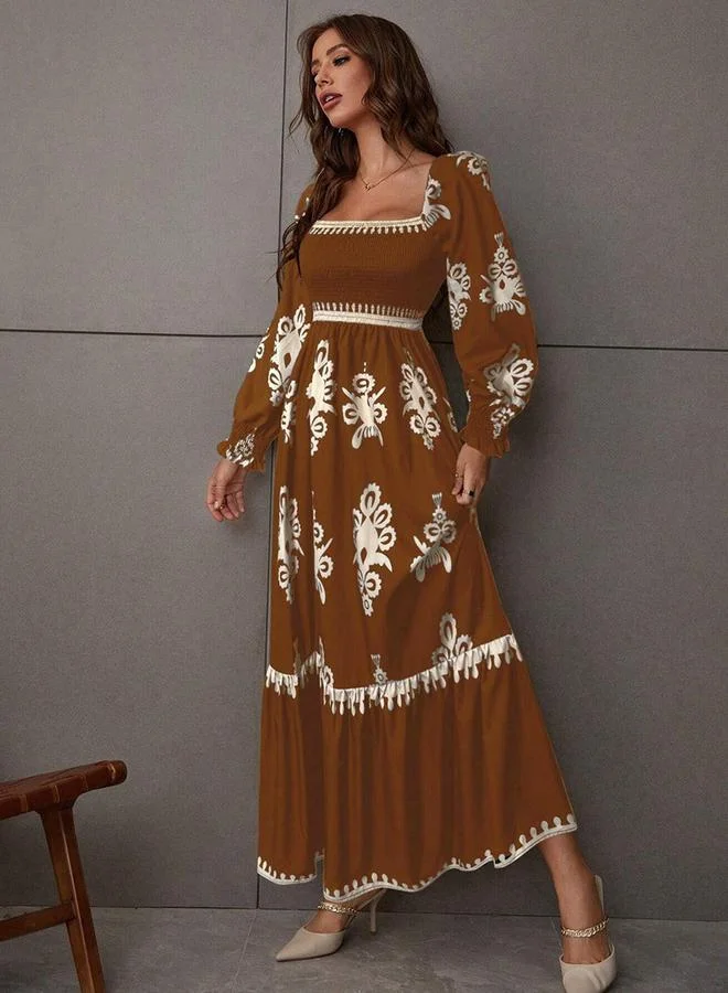 Take Two Women Bronze Printed Square Neck Maxi Dress