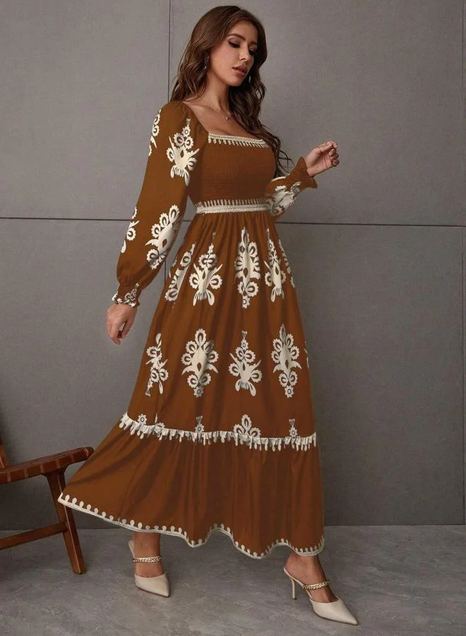Take Two brown Women Bronze Printed Square Neck Maxi Dress for Women | Best Price UAE