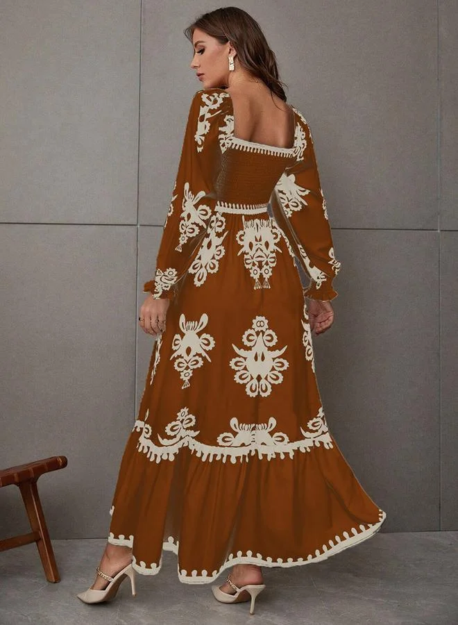 Take Two Women Bronze Printed Square Neck Maxi Dress