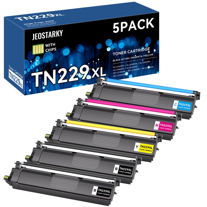 Jeostarky TN229XL TN229 Toner 5-Pack High Yield Replacement for Brother TN229 TN229XL Toner Cartridge Compatible with Brother MFC-L3780CDW MFC-L3720CDW HL-L3280CDW HL-L3220CDW HL-L3300CDW HL-L3295CDW - Image 1