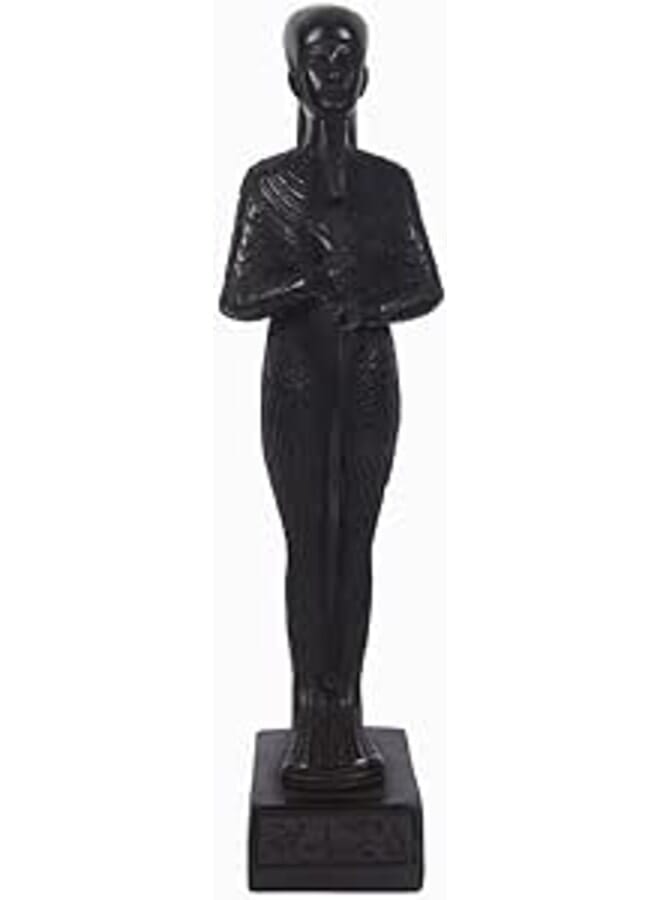Unique statue of the Egyptian Lord Ptah-Hotep , Minster and Philosopher writer of the world Oldest Bookwearing a featherd made of black polystone
