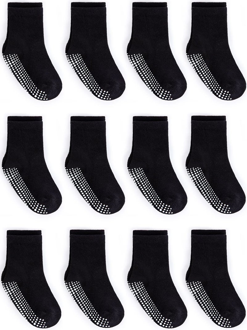 ZAPLES Baby Non Slip Grip Crew Socks with Anti Skid Soles for Infants Toddlers Kids Boys Girls, Black, 12-36 Months