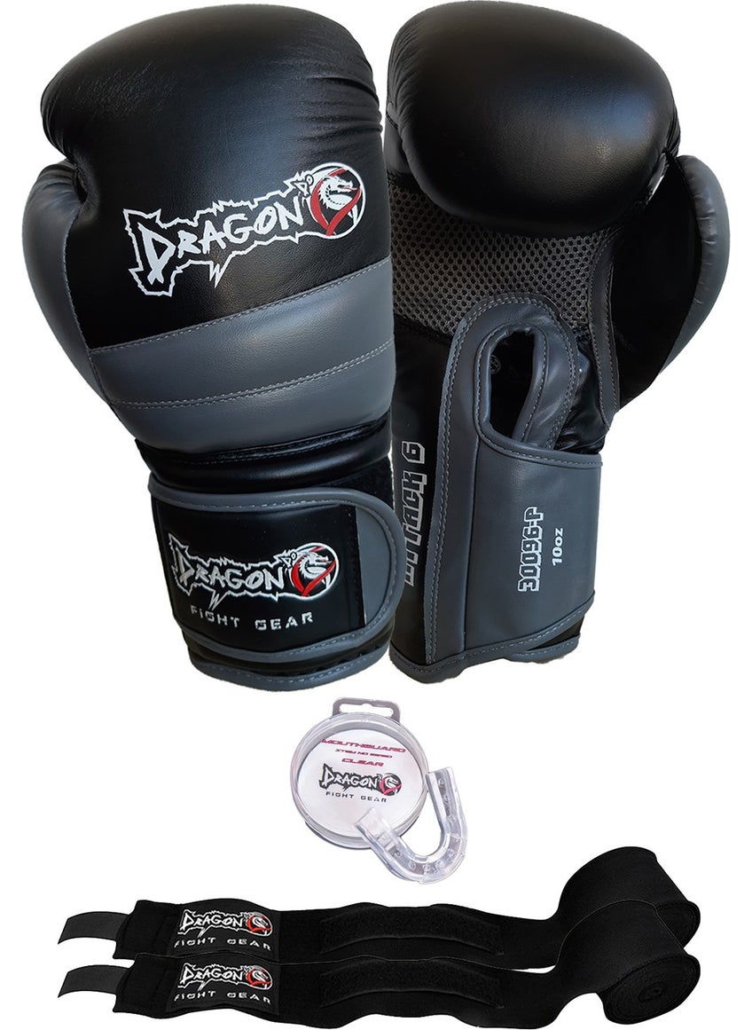 Dragon Attack 6 Boxing Gloves Kick Boxing Muay Thai Boxing Gloves Bandage and Mouthguard Set of 3  - Image 1