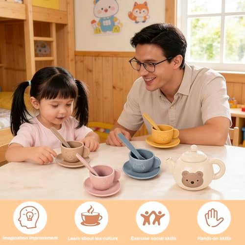 YOFOTHS Kids Silicone Tea Party Set Pretend Play Tea Set with Teapot 4 Cups with Saucers Tray and Scoops Safe Kitchen Toys for Ages 36 - Image 5