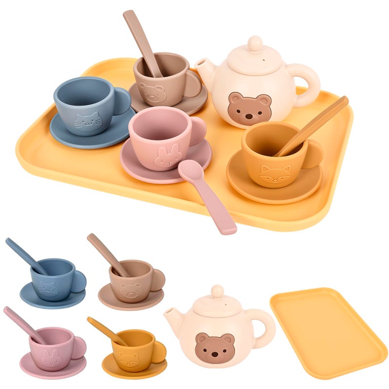 YOFOTHS Kids Silicone Tea Party Set Pretend Play Tea Set with Teapot 4 Cups with Saucers Tray and Scoops Safe Kitchen Toys for Ages 36 - Image 3
