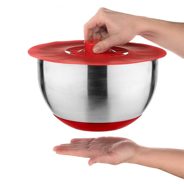 THW® Silicone Bowl Lids Red Set of 5 Reusable Suction Seal Covers for Bowls, Pots, Cups. Food Safe. Natural Grip, Interlocking Handles for Easy use and Storage (RED Colour) - Image 5
