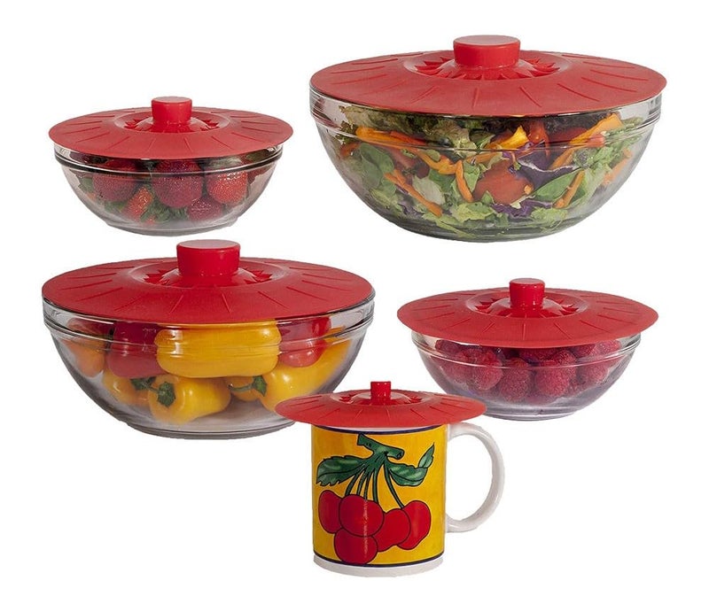 THW® Silicone Bowl Lids Red Set of 5 Reusable Suction Seal Covers for Bowls, Pots, Cups. Food Safe. Natural Grip, Interlocking Handles for Easy use and Storage (RED Colour) - Image 2