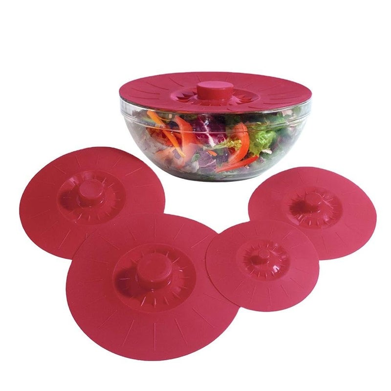 THW® Silicone Bowl Lids Red Set of 5 Reusable Suction Seal Covers for Bowls, Pots, Cups. Food Safe. Natural Grip, Interlocking Handles for Easy use and Storage (RED Colour) - Image 1