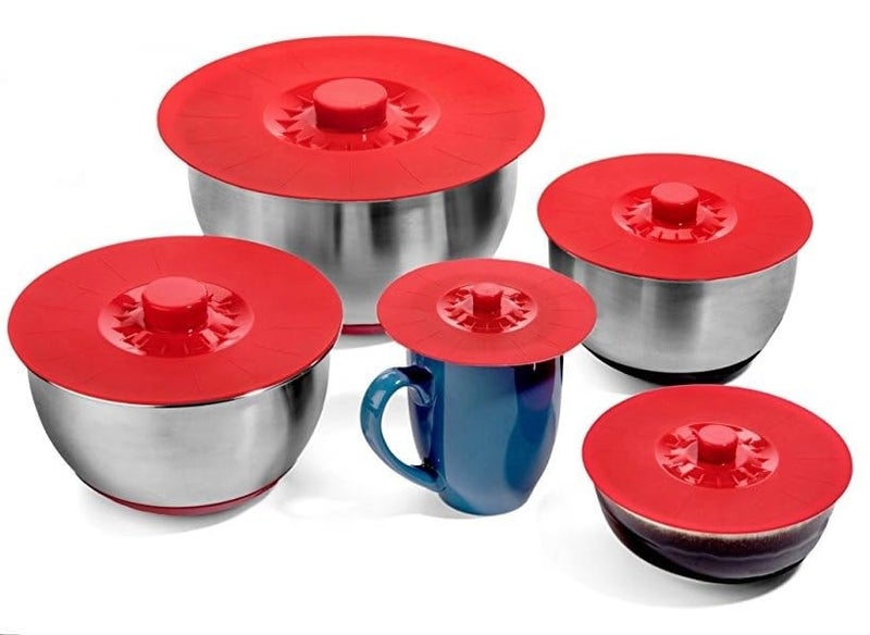 THW® Silicone Bowl Lids Red Set of 5 Reusable Suction Seal Covers for Bowls, Pots, Cups. Food Safe. Natural Grip, Interlocking Handles for Easy use and Storage (RED Colour) - Image 4
