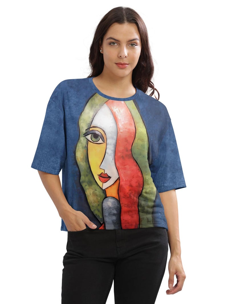 HELLCAT Cotton Blend Blue Printed Loose Fit Crew-Neck Crop T-Shirt for Women/Blue/XX-Large - Image 1